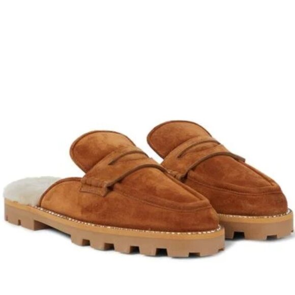 Jimmy Choo Tan Suede Crystal Embellished Shearling Mules - Picture 2 of 11